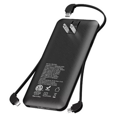 10000mAh Power Bank with Cables and Retractable AC Wall Plug