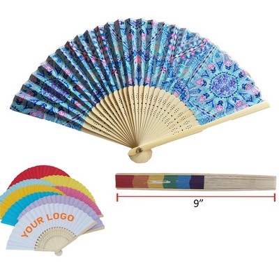 One Side Printed Foldable Paper Bamboo Fan - 9"