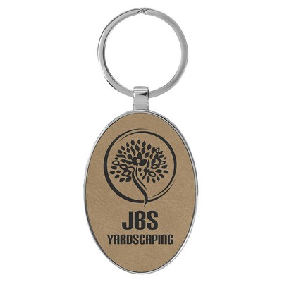 3" x 1 3/4" Leatherette/Metal Light Brown Oval Keychain