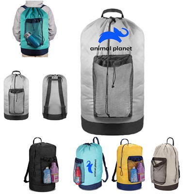 Laundry Drawstring Backpack With Mesh Pocket