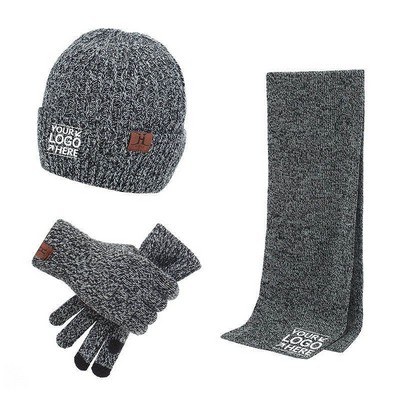 Men & Women Winter Knit Beanie w/Long Scarf & Touchscreen Gloves