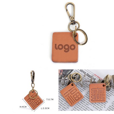 Genuine Leather Keychain With Lucky Word
