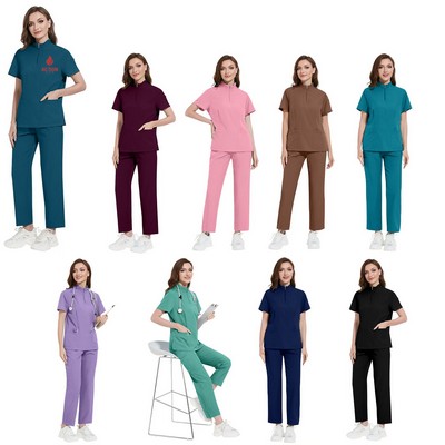 Women's Zipper-Neck Collar Scrub Set