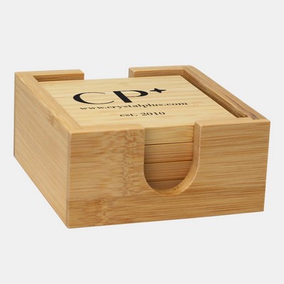 Color Imprinted Square Bamboo Coaster with Holder 4pc Set