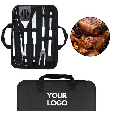 5 Piece Travel Stainless Steel BBQ Grill Tool Set with Spatula Fork Knife Brush Tong
