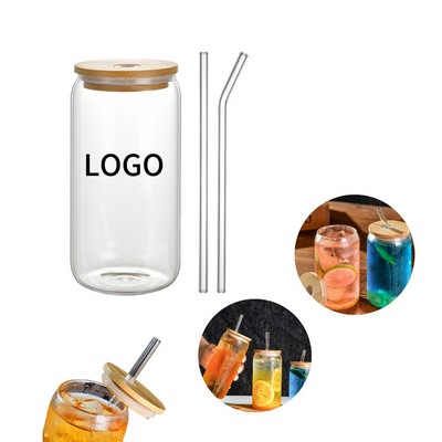 16Oz Drinking Glass Cup With Wooden Lid And Glass Straw