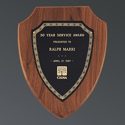 Genuine American Walnut Shield with Black-Gold Brass Plate, Medium (8-1/2"x10-1/2")