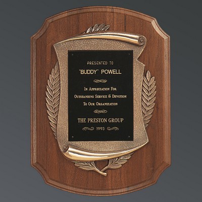 Curved Walnut Plaque with Scroll & Black Brass Plate, 11"x15"