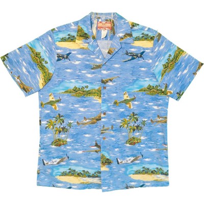 100% Cotton Poplin Military Print Navy Blue Hawaiian Shirt w/Coconut Buttons & Short Sleeves