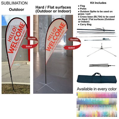 9' Small Tear Drop Flag Kit, Full Color Graphics Double Sided, Outdoor Spike base, Indoor Cross Base