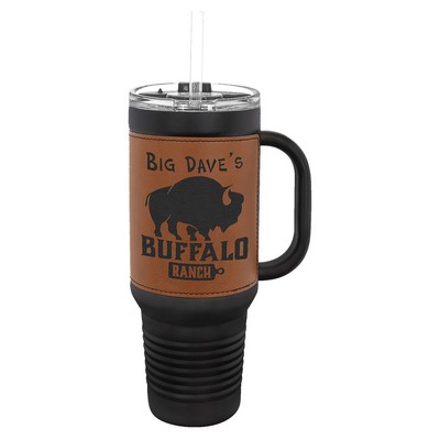 Polar Camel 40 oz. Black with Rawhide Laserable Leatherette Travel Mug with a Handle & Straw