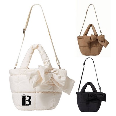 Female Simple Soft Down Bowknot Handbag Tote Bag