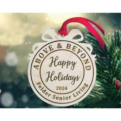 Wood Ball w/Bow Ornament & Laser Engraved Imprint