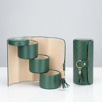 Three Layer Round Leather Jewelry Storage Box Large Capacity Portable Design
