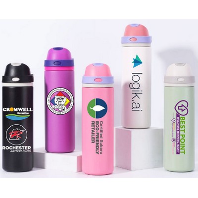 25 Oz. Stainless Steel Vacuum Insulated bottle with pop & sip straw lid and carry loop
