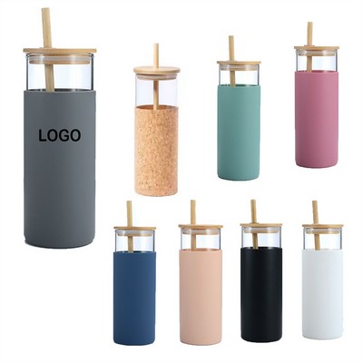 17 oz High Boros Glass Cup With Straw and Bamboo Lid