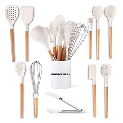 Heat-Resistant Silicone Cooking Tool Set With Wood Handles