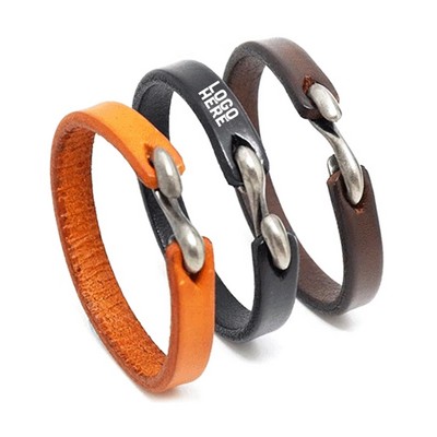 Embossed Logo Leather Bracelet W/Stainless Steel Closure
