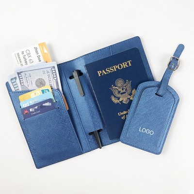 Multifunctional Saffiano Leather Passport Holder & Luggage Tag Set PU Travel Organizer