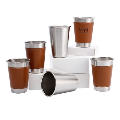 10 Oz Stainless Steel Cup w/ PU Leather Sleeve