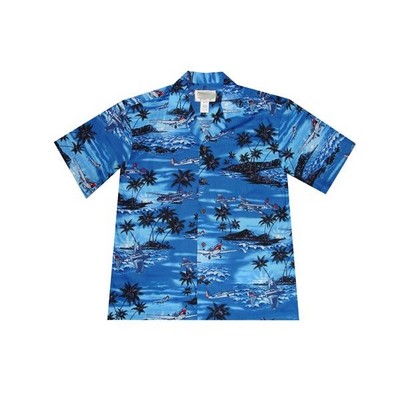 Navy Blue Hawaiian Tropical Military Print Shirt. Airplanes - Circa WWII