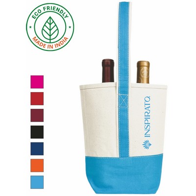 Premium Eco Friendly 16 Oz. Canvas Two Bottle Wine Tote Bag w/Turquoise Blue Trim