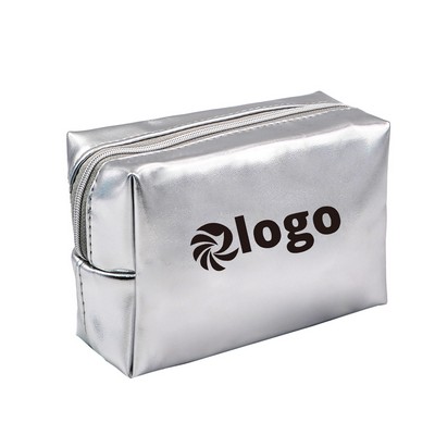 High-end Silver Pu Leather Makeup Cosmetic Bag MOQ 50pcs