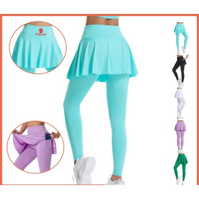 Women Tennis Skirted Leggings with Pockets, Capris Yoga Leggings W/Skirts & Tennis Pickleball Cloth