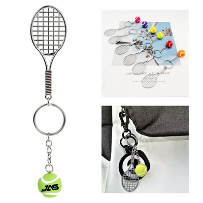 Alloy Tennis Racket Keychain Set - Miniature Sports Charm W/ Ball Pendant