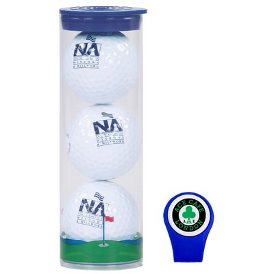 Clear Tube with 3 Bridgestone Treo Golf Balls and a Hat Clip with magnetic ball marker