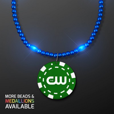 Blue LED Bead Necklace with Green Poker Chip Medallion - PRINTED