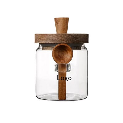 Glass Jar W/ Wooden Lid And Spoon