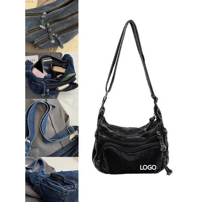 11 X 7.5 Inch Denim Shoulder Multi-Zipper Bag W/ Wide Strap