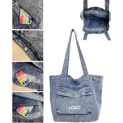 16.5 X 12.6 Inch Denim Large Capacity Magnetic Snap Tote Bag