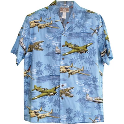 Hawaiian Tropical Military Blue Print Shirt Airplanes Circa WWII