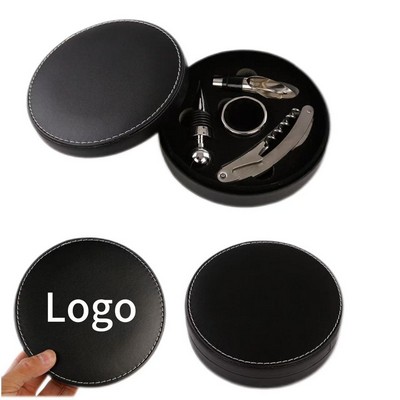 Round Wine Opener Gift Set – Creative 4-Piece Wine Tool Kit in Round Leather Case