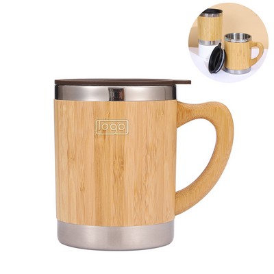 11 Oz Stainless Steel Bamboo Mug w/ Lid