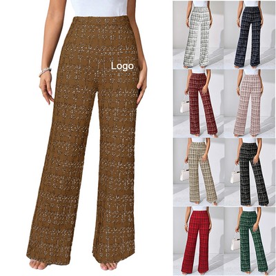 Women's Plaid Flare Pants Elastic High Waisted Bell Bottom Old Money Trousers Casual Outfits