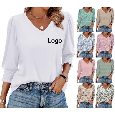 3/4 Length Sleeve Womens Tops Dressy Casual Blouses V Neck T Shirts with Smocked Cuffs
