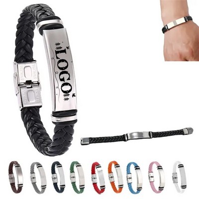 Laser Engraved Stainless Steel Leather Braided Bracelet