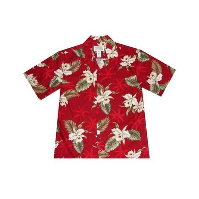 Red Hawaiian Cotton Poplin Shirt w/ Button Front & Short Sleeves