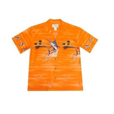 Orange Hawaiian Border Print Cotton Poplin Shirt w/ Button Front