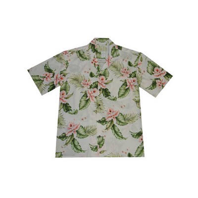 White/Pink Hawaiian Tropical Print 100% Rayon Silky Feel Bahama Shirt