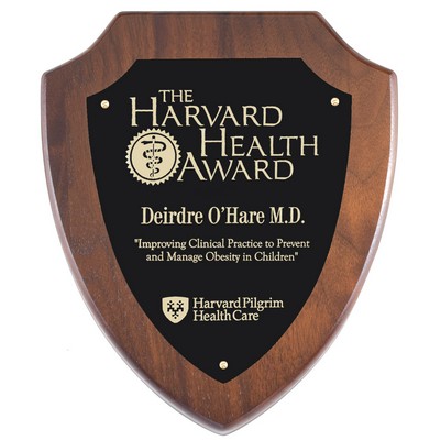 Walnut Shield Plaque with Black Brass Plate, 8 1/2 x 10 1/2"