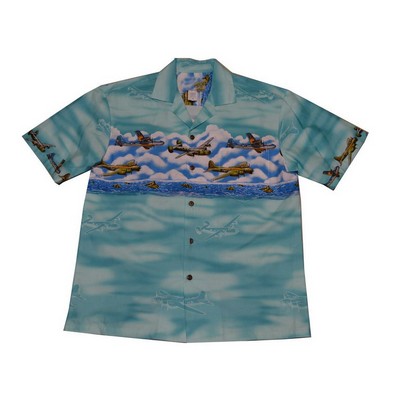 Turquoise Blue Hawaiian Tropical Military Border Print Cotton Shirt / Airplanes - Circa WWII