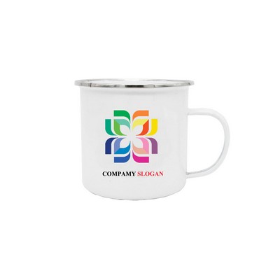 12oz White Enamel Mug with Silver Rim