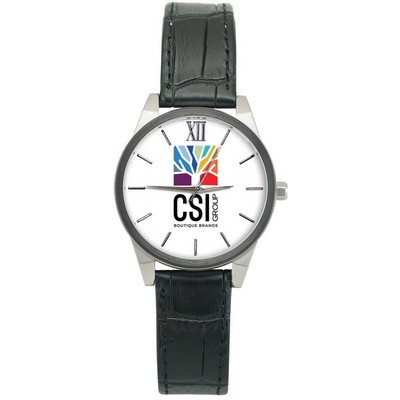 Ladies' Black Leather Wristwatch W/ White Dial