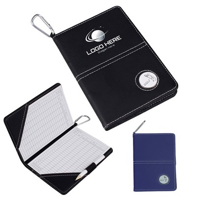 PU Leather Golf Scorecard Holder w/ Carabiner & Ball Marker