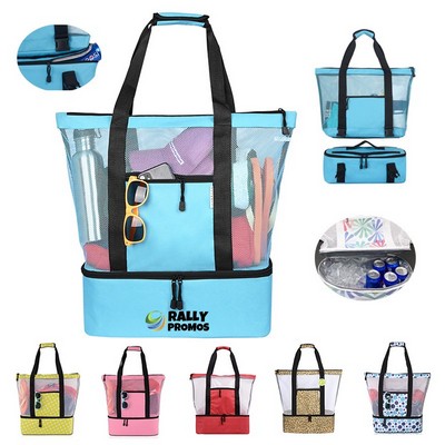 3-in-1 Mesh Beach Tote Bag with Insulated Picnic Cooler