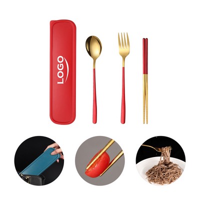 Three Piece Set Of Stainless Steel Portable Tableware.